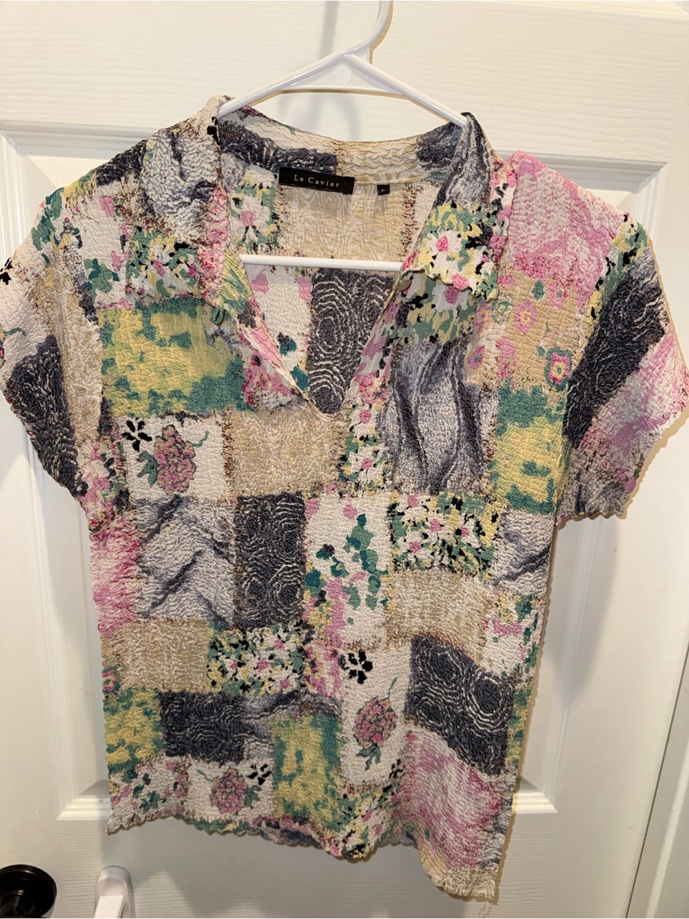 Le Caviar Women's Multicolor Patchwork Button-Down Top - Pink, Green & Cream